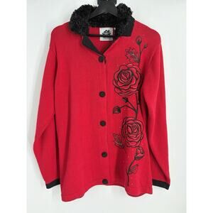 Vintage Storybook Knit Cardigan Size Medium Embroidered Rose Romantic Cottage